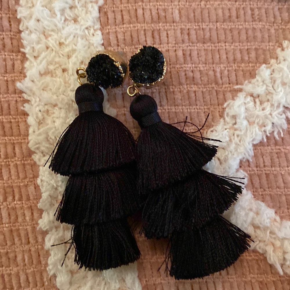 Black druzy-style tassel earrings